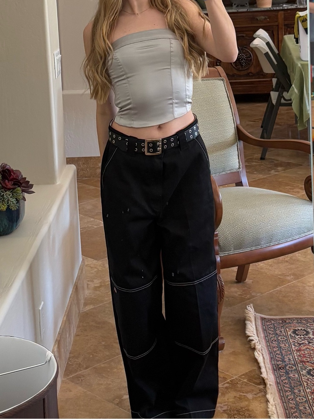 Dickies Black Wide-Leg Utility Pants with White Contrast Stitching